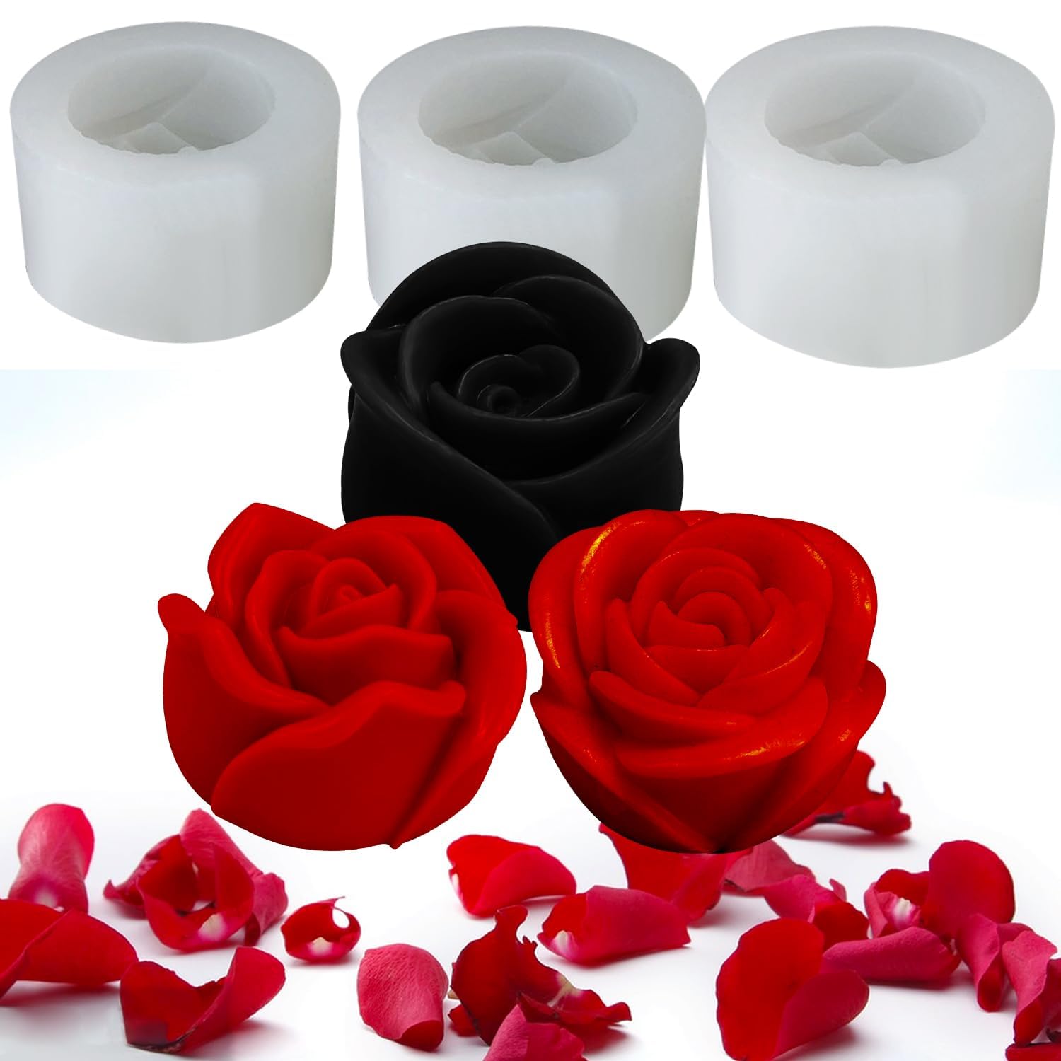 3 Pack Rose Candle Silicone Molds,3D Rose Flower Soap Mold Set for Cake Decorating,Valentines Day Gifts Soap Molds for Making Handmade Chocolate Candy Polymer Clay Gum Paste Set