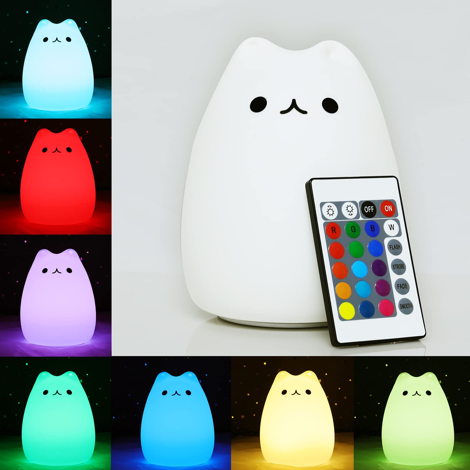 LOVERUIS Cat Night Light Children, 7 Colour Changing LED Portable Touch Baby Lamp, USB Rechargeable Silicone Animal Night Light for Children Nursery Toddler Girls Birthday Gift Room Decor (ARS-Mao)