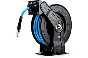 Relhost Retractable Air Hose Reel, 50 ft x 3/8 in Hybrid Air Hose Max 300PSI, Heavy Duty Air Compressor Hose Reel with Dual Arms, Auto Rewind, Ceiling/Wall Mount for Garage, Workshop, Home Studio