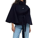 CHARTOU Women Batwing Sleeve Ponchos Pea Coat Wool Stand Collar Belt Capes Jacket Winter Cropped Overcoat