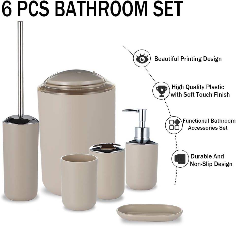 JOTOM 6 Piece Plastic Bathroom Accessory Set Modern Design Bath Accessories Bath Set Lotion Bottles,Toothbrush Holder,Tooth Mug,Soap Dish,Toilet Brush,Rubbish (Beige) - Image 5