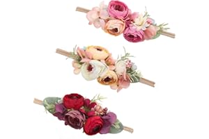 mligril Baby Girl Floral Headbands- 3pcs Nylon Headband Handmade Flower Crown Elastic Hairband Newborn Toddler Hair Accessories Gifts for Girls （1-6 years old）