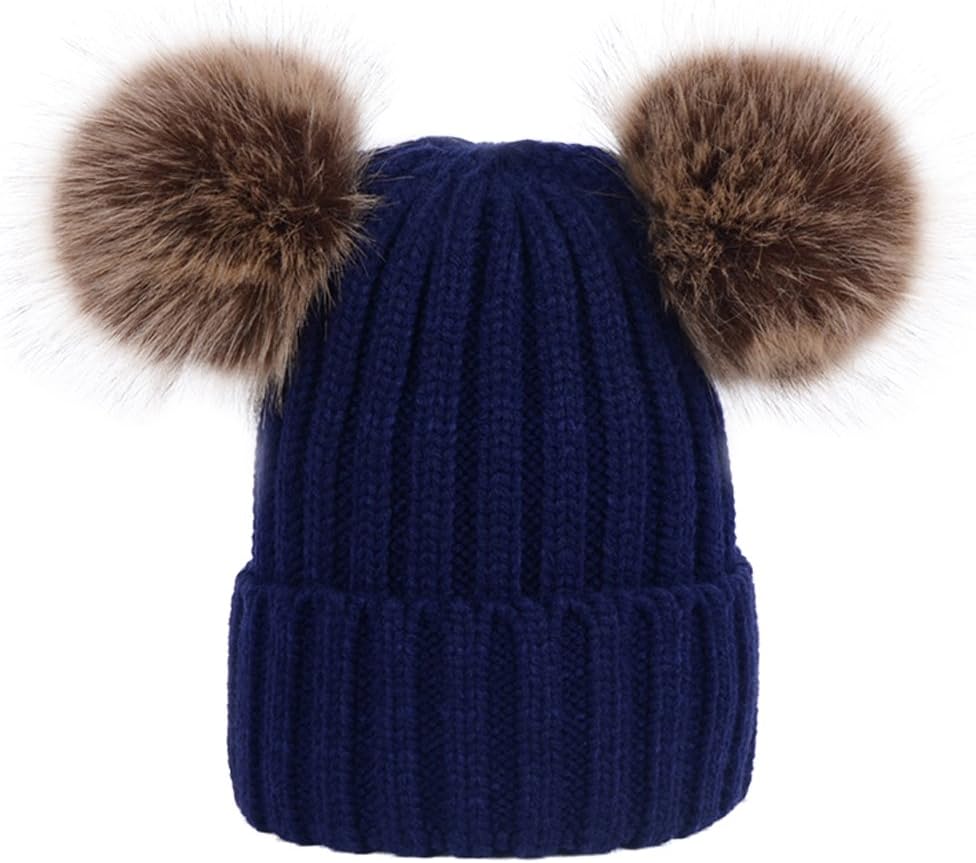 DOBU Womens Girls Winter Hat Cap Knit Beanie Bobble Hat Ski Cap With Soft Faux Fur Double Large Pom Pom (Blue)