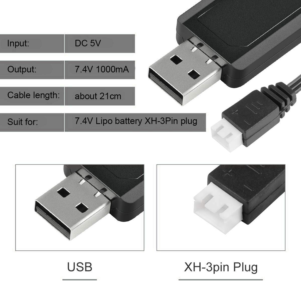 Crazepony 2pcs USB Charger Cable 1A for 2S 7.4V LiPo Battery RC Quadcopter FPV Drone: Toys & Games