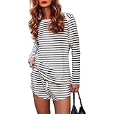 ZIZERY Womens Cotton Pajama Sets Casual Loungewear Set Striped Long Sleeve Tops and Shorts Pjs Lounge Sets with Pockets