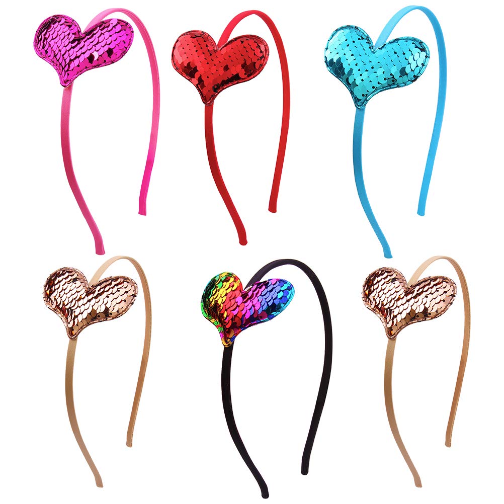 Lurrose 6PCS Glitter Sequin Heart Headband Party Love Shape Hair Hoop Hair Accessories for Women Girl (Red/Blue/Colorful Each for 1PC/Yellow for 2PCS)