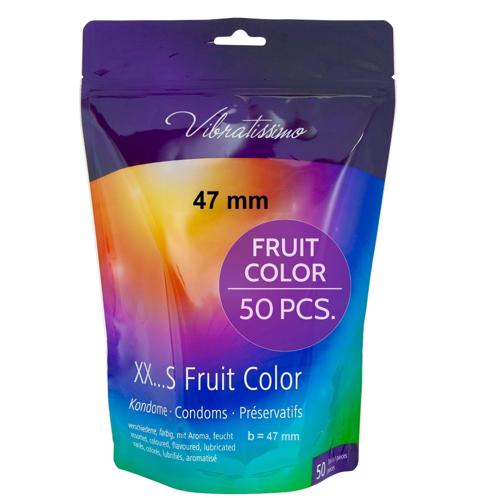 VIBRATISSIMO Fruit Coloured Condoms 50-Pack I Feel-Real & Extra Lubricated I for Men I Resealable Condoms Bag I Ultra-Thin I w=47 mm