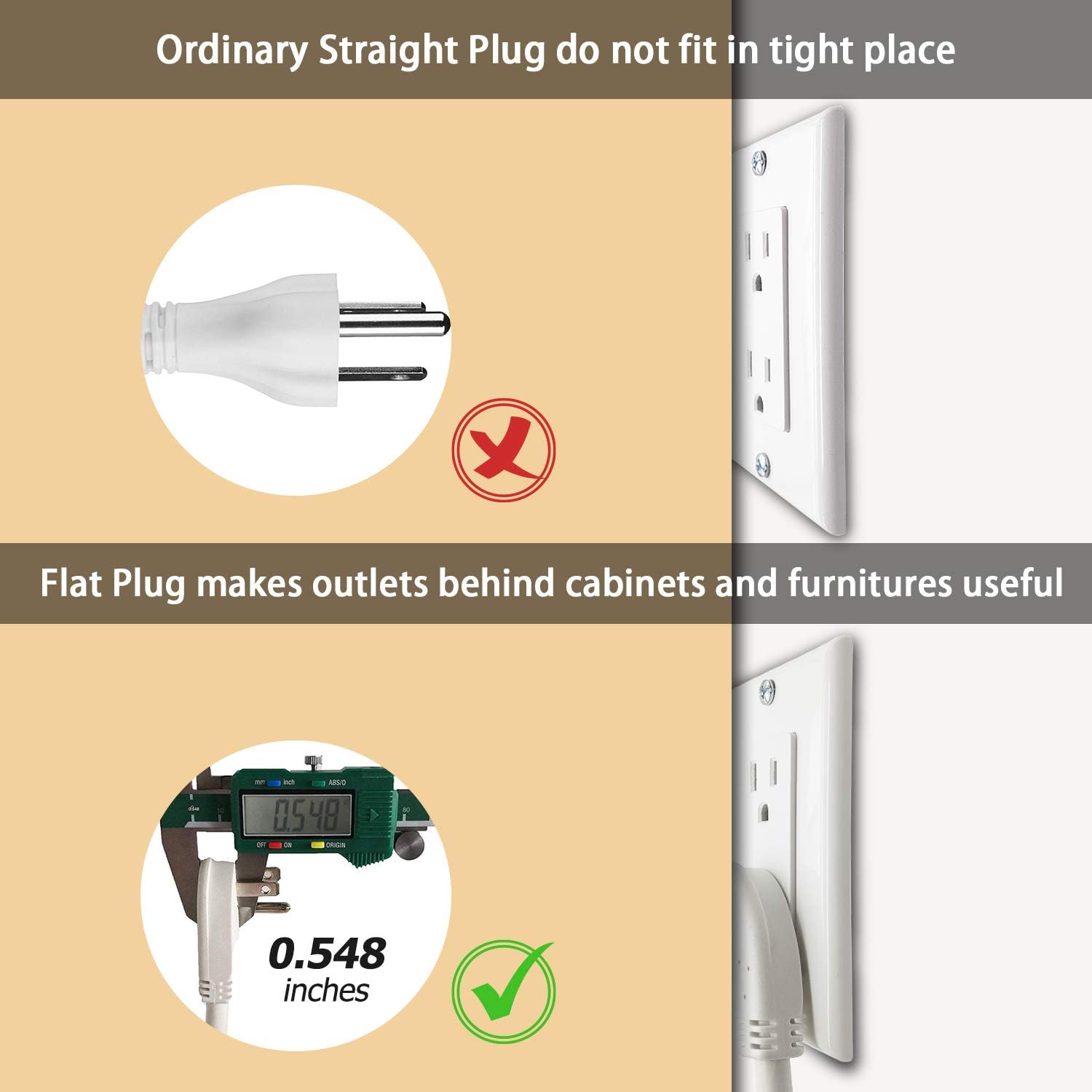FIRMERST 6 Feet 1875W 15A Flat Plug Low Profile Extension Cord 14 AWG White, UL Listed - - 