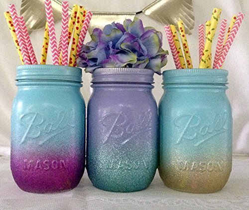Set of 3 purple, aqua, gold glitter painted mason jars …