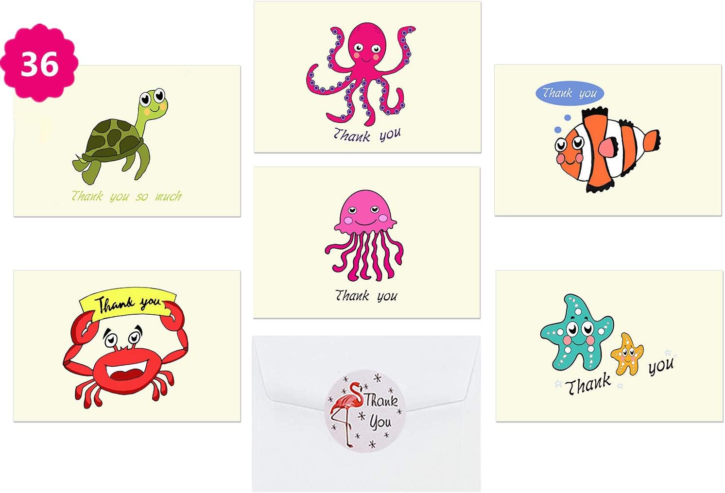 Morkka 36 Pack Kraft Paper Thank You Cards Greeting Card Envelopes and Stickers for Wedding Graduation Men & Women Sympathy (sea Animal, 36pcs)
