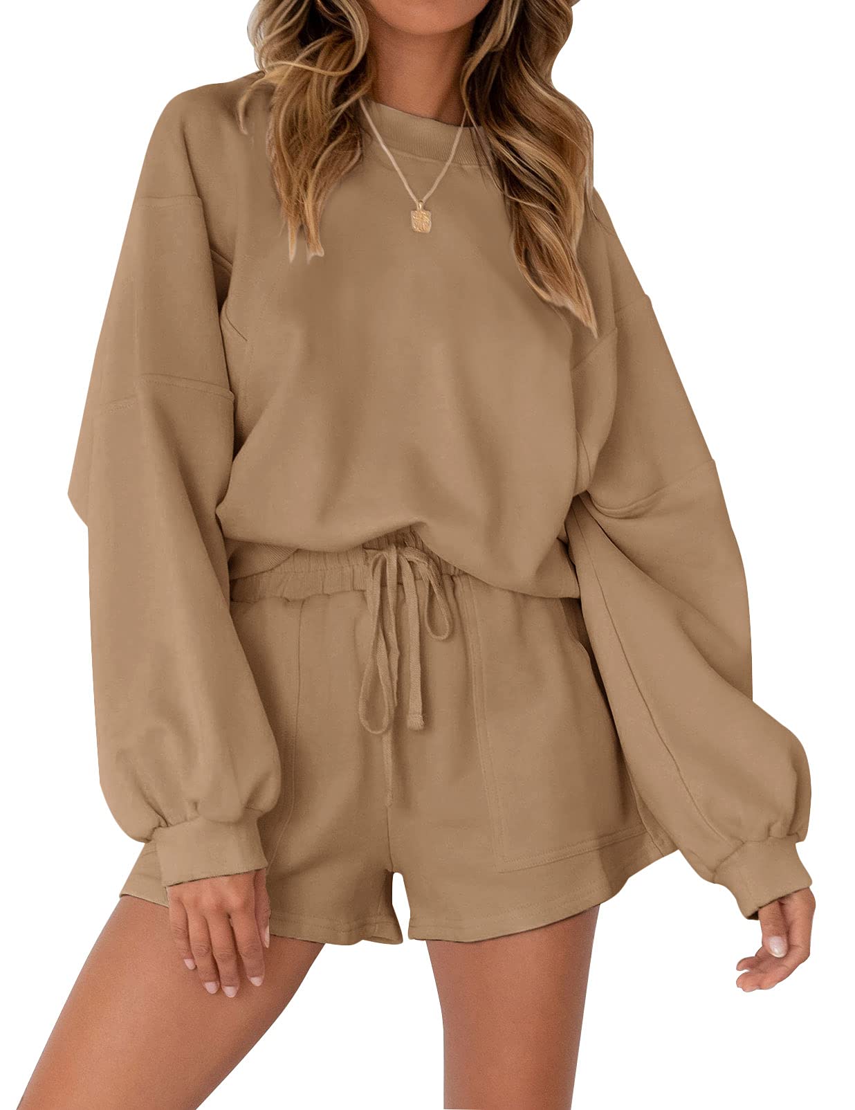 Photo 1 of *medium size* MEROKEETY Women's 2025 Fall Oversized Batwing Sleeve Lounge Sets Casual Top and Shorts 2 Piece Outfits Sweatsuit Khaki M