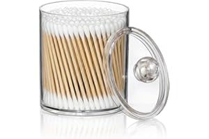 Floopstyle Acrylic Qtip Holder Dispenser for Cotton Swabs, Balls, Pads, Floss Picks- Small Clear Plastic Canister Apothecary 
