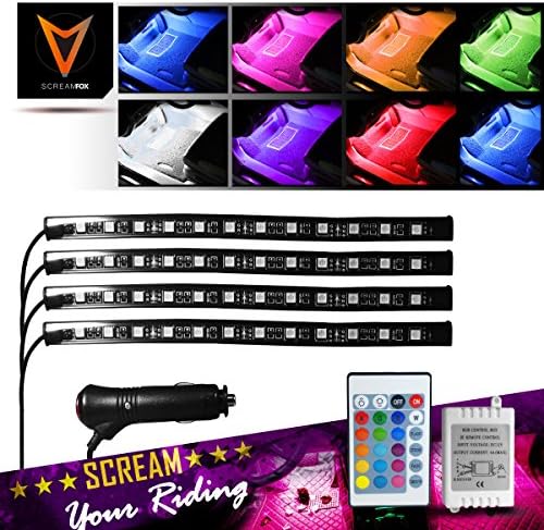 SCREAMFOX Car LED Atmosphere Lights Kit Interior Floor Decoration 4 Pcs Strips Light 48 LED's with IR Wireless Remote Control & Car Charger DC 12V