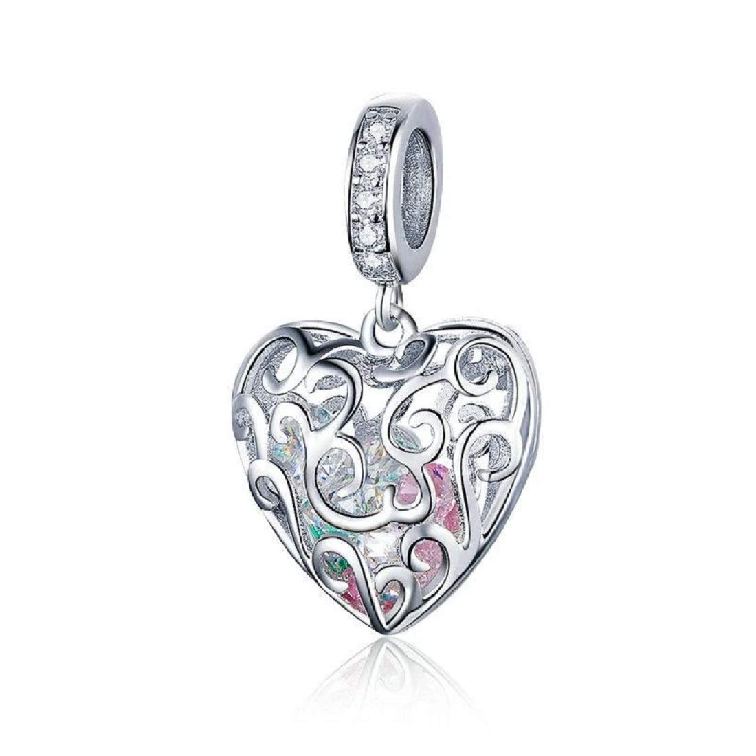 FeatherWish Sterling Silver 925 I Love You Heart Dangle Charm With Filigree Pattern Fits And Compatible With Pandora Bracelets Gift Friend Wife Sister Mum Daughter (Silver)