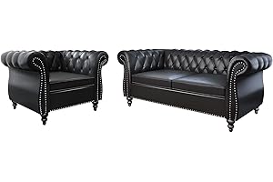 QHITTY 2 Piece Living Room Set, Sectional Chesterfield Sofa Chair Contemporary Upholstered Leather Loveseat Couch Sets for Living Room, Bedroom, Office