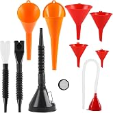10 Pcs Automotive Funnels Set Wide Mouth Fuel Plastic Long Neck | Flexible Right Angle, Detachable Spout Filter, Water Gasoline Coolant Engine Oil
