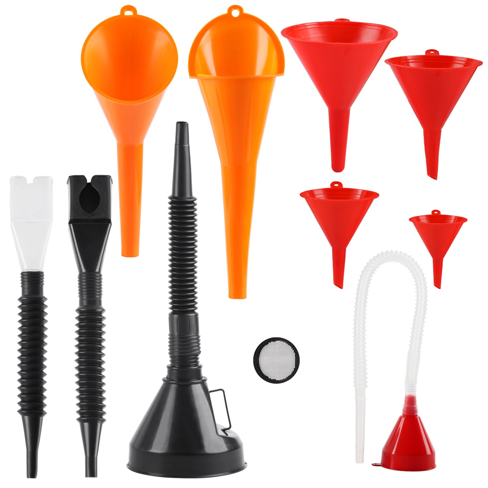 Photo 1 of 10 Pcs Automotive Funnels Set, Wide Mouth Fuel Funnels, Plastic Long Neck Oil Flexible Right Angle Funnelss, with Detachable Spout and Filter, Plastic Funnel Set for Water/Gasoline/Coolant/Engine Oil