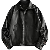 BEAUDRM Men's Vintange PU Leather Jackets Retro Zip Up Collared Motorcycle Outwear Streetwear Fight Club Leather Jacket
