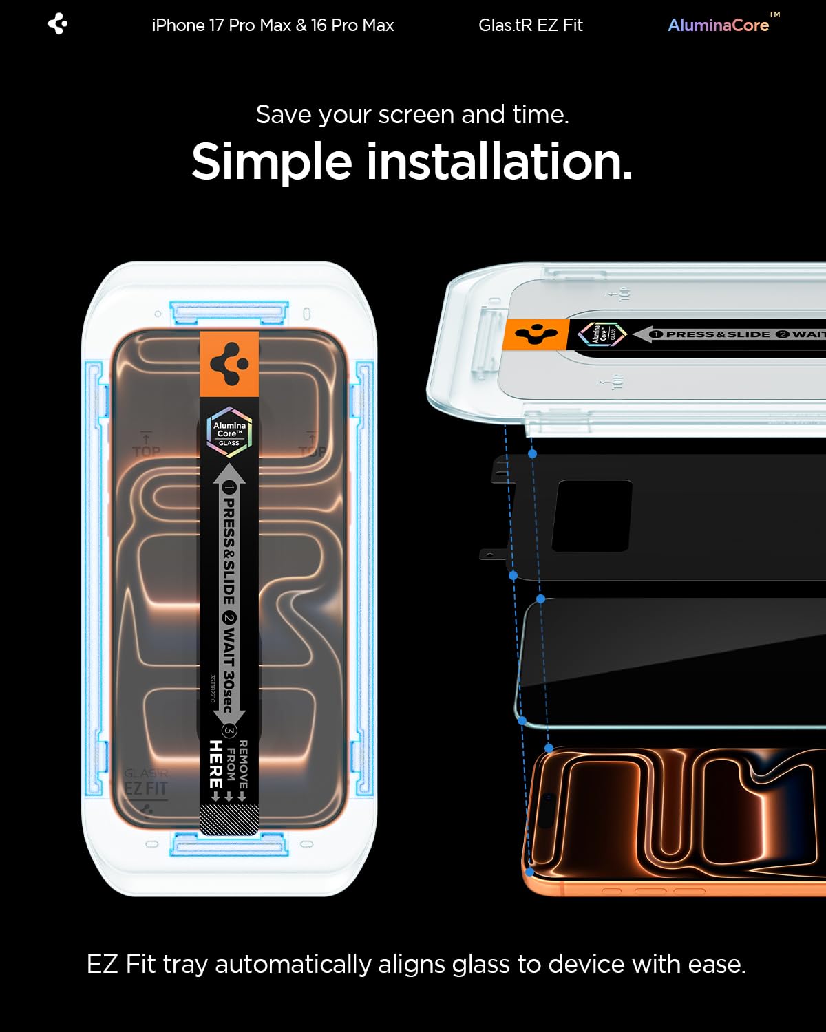 Spigen AluminaCore Tempered Glass Screen Protector [Glas.tR EZ Fit] designed for iPhone 17 Pro Max | iPhone 16 Pro Max [2 Pack] 9H+ Hardness, Aluminum-Enhanced Durability