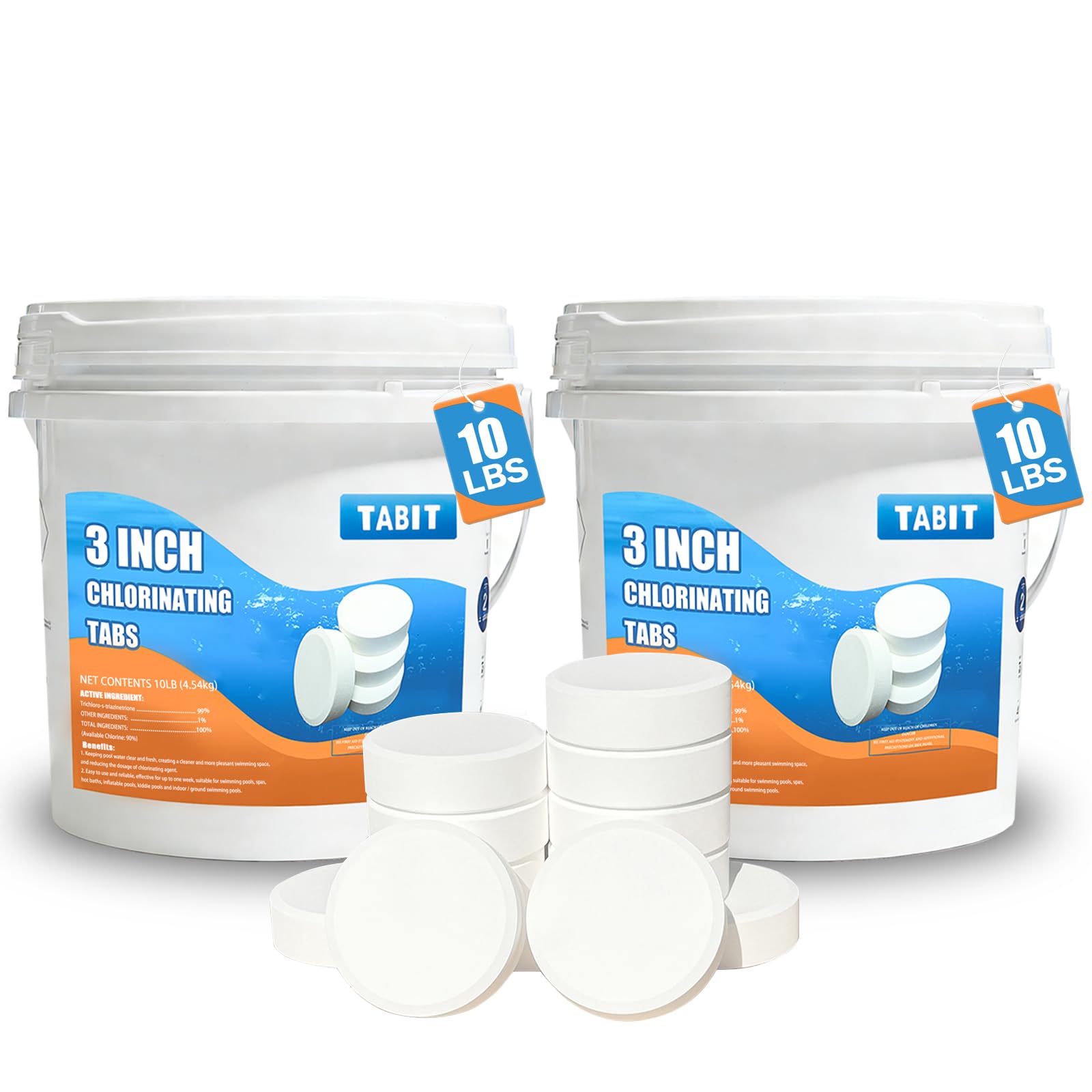 TABIT 20 lbs Chlorine Tablets 3 Inch for Swimming Pools – Slow Dissolving & Long Lasting – 99% Available Chlorine Tri-Chlor – Kills Bacteria & Stops Algae – 2 x 10 lb Buckets Image