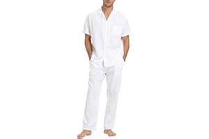 RPOVIG Linen Shirt Pants Outfits:Men's Linen Sets 2 Piece Short Sleeve Shirts Yoga Pants Beach Wedding Suits