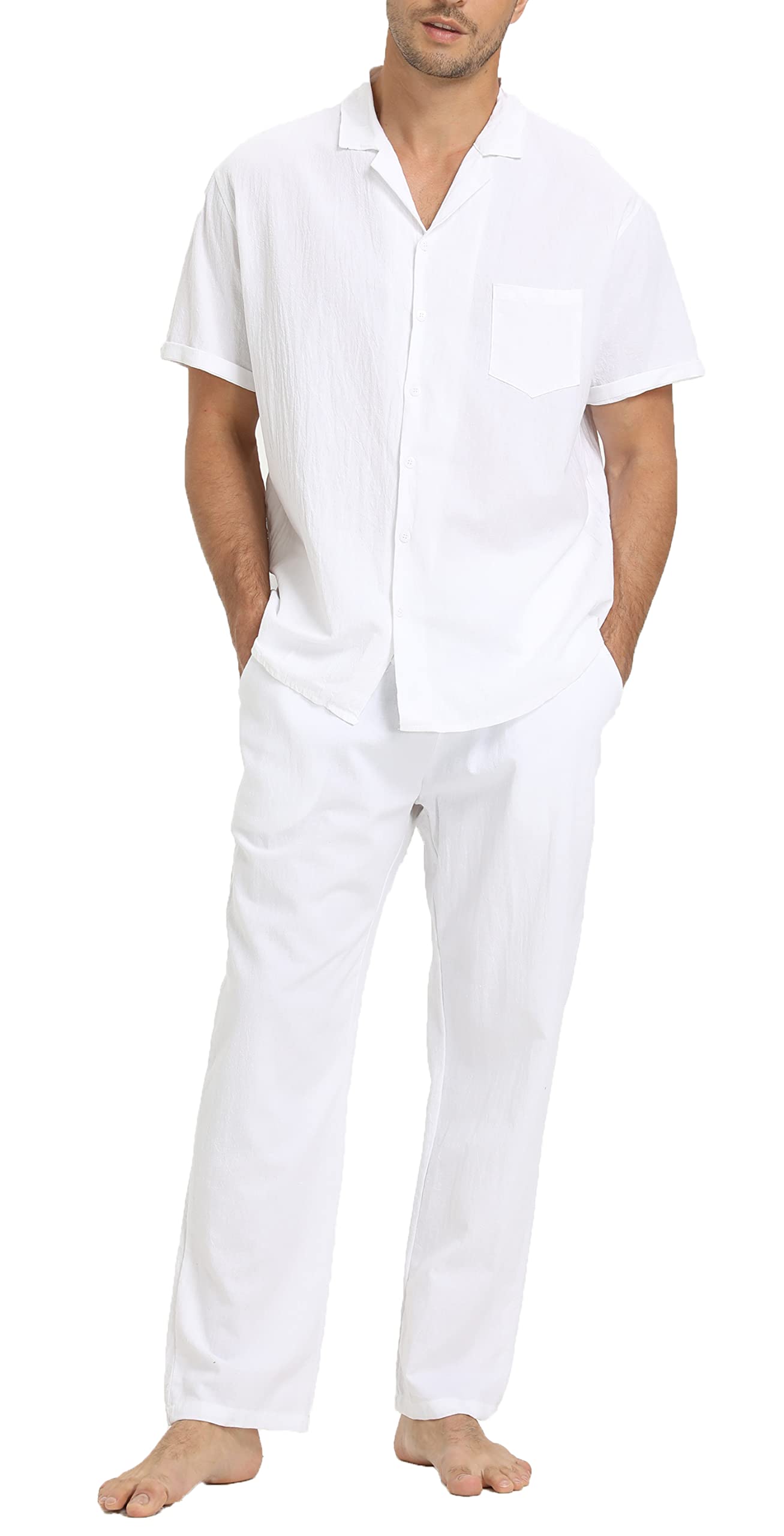 Photo 1 of RPOVIG Linen Shirt Pants Outfits:Men's Linen Sets 2 Piece Short Sleeve Shirts Yoga Pants Beach Wedding Suits (Size Unknown)