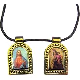 Devotional Scapulars Brown Scapular Medals with Colored Images and Gold Toned Edges on Cord Chain, 26 Inch