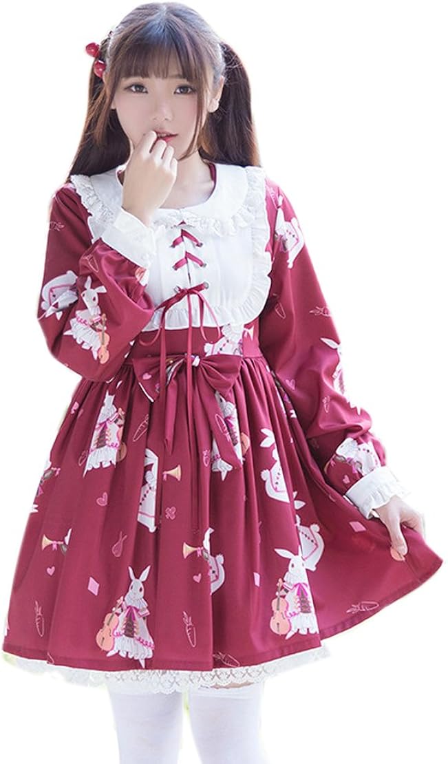 ROLECOS Womens Lolita Dress Doll Collar Maid Dress Chiffon Sweet Printed Dress
