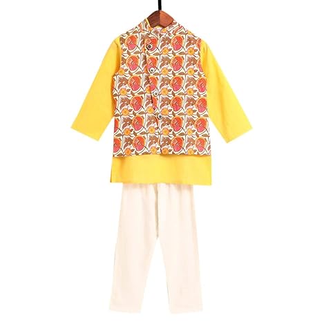 Amber By Hopscotch Boys Cotton Kurta With Floral Jacket And Pajama (Set Of 3) in Yellow Color