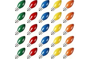 Abeja 25 Pack C7 Multicolor Christmas Replacement Bulbs 5w Vintage Ceramic Light Bulbs C7/E12 Candelabra Base Fits C7 Christmas Ornament Indoor Outdoor String Lights