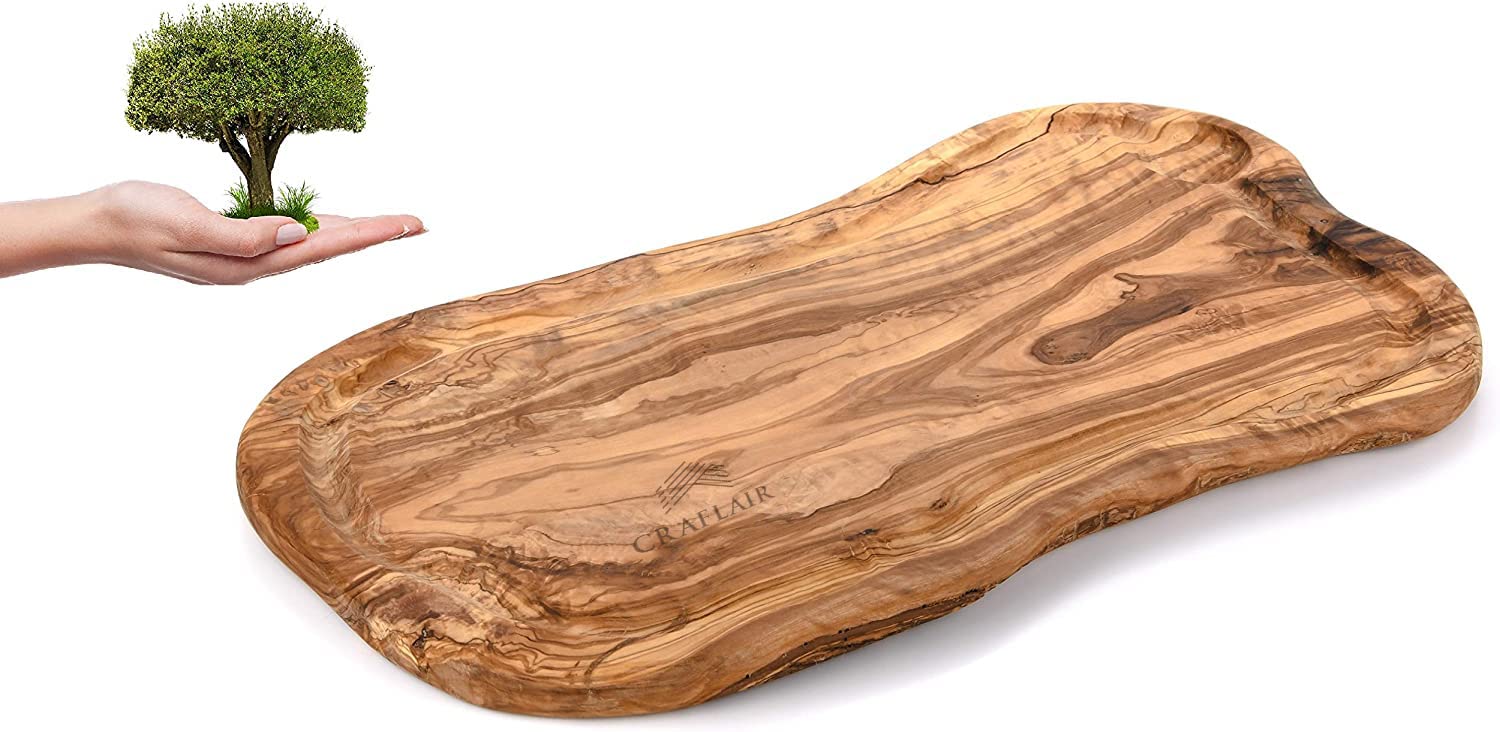 CRAFLAIR ~ 39-44 cm (16.5 inch) ~ Olive Wood Chopping Board with Juice Rim ~ Large Handmade Wooden Cheese Board ~ Cutting Board ~ Charcuterie Board