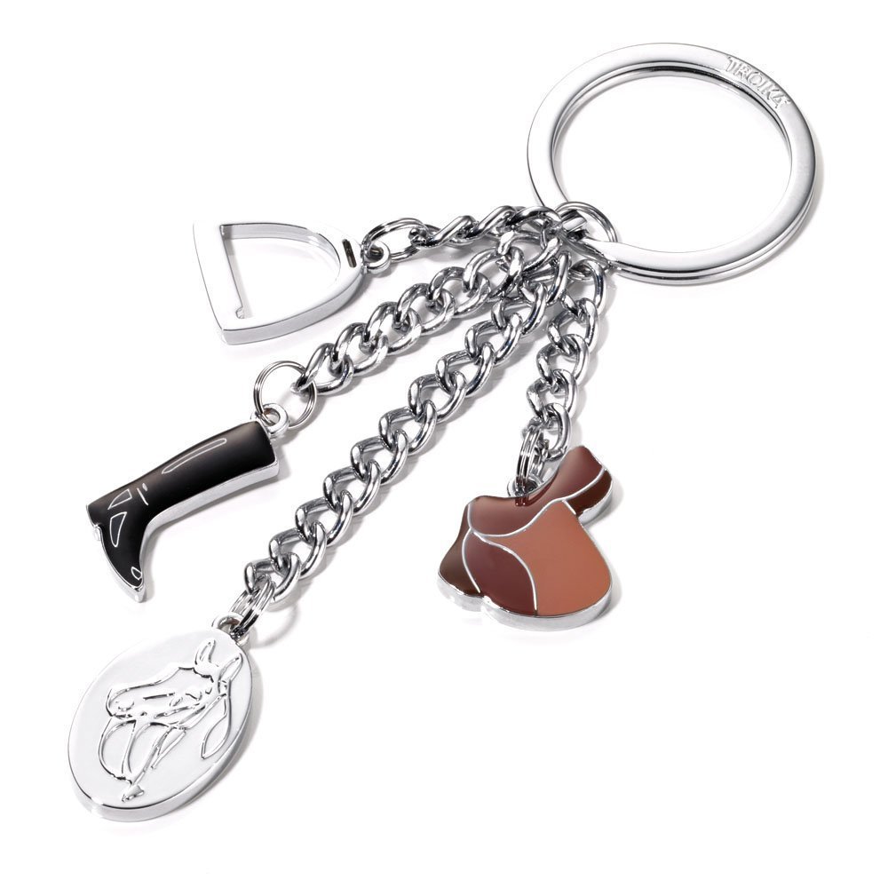 TROIKA PFERDEGLÜCK – KR13-17/CH – Keyring with 4 Charms – cast Metal/Enamel– Shiny – Chrome Plated – Brown, Black – TROIKA-Original