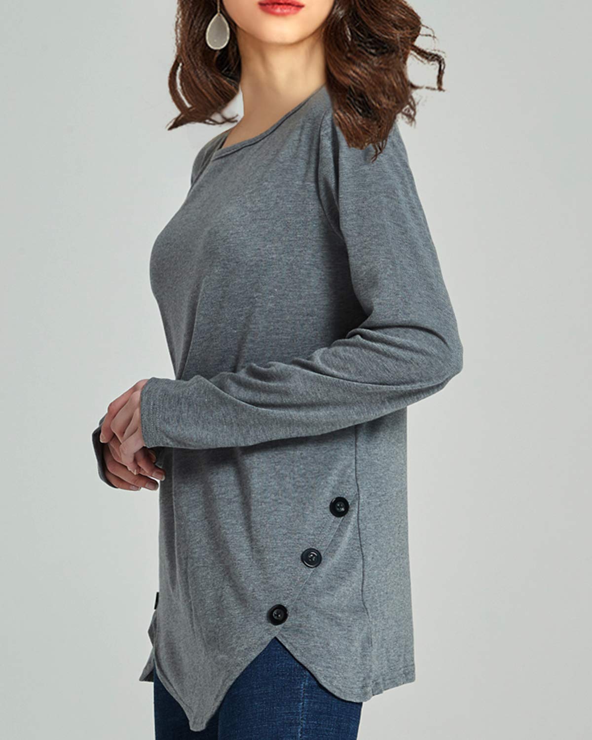 Disi Women\'s Button Round Neck T- Shirt Slim Long Sleeve Top Front Side Split Causal Pullover Blouses Basic Tunic 灰 M Gray