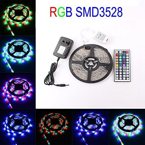 elcPark 5m 16.4ft SMD 3528 RGB Changing Color Flexible LED Light Strip Full kits Waterproof Flexible 300led +44keys Remote + 24W Power Supply (White PCB)