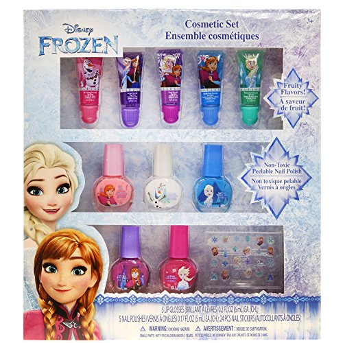 Townley Girl Disney Themed Super Sparkly Cosmetic Set with Lip Gloss, Polish and Nail Stickers (Frozen)