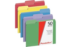 Pendaflex Heavyweight File Folders, Assorted Colors, Letter Size, 1/3-Cut Tabs, Extra Durable, 50/Box, Great for Office Filing & Organization (1006536)
