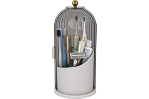 Zufudo Dustproof Toothbrush Holders with Cover, Rotating Electric Toothbrush and Toothpaste Holder for Bathroom Countertop, 3 Slots Makeup Brushes Organizer, Grey White
