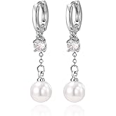 Xeyai White Gold Plated Pearl Dangle Earrings for Women Hypoallergenic Small Cute Hoop Pearl Earrings Cubic Zirconia Dangle Earrings Elegant Jewelry Gift