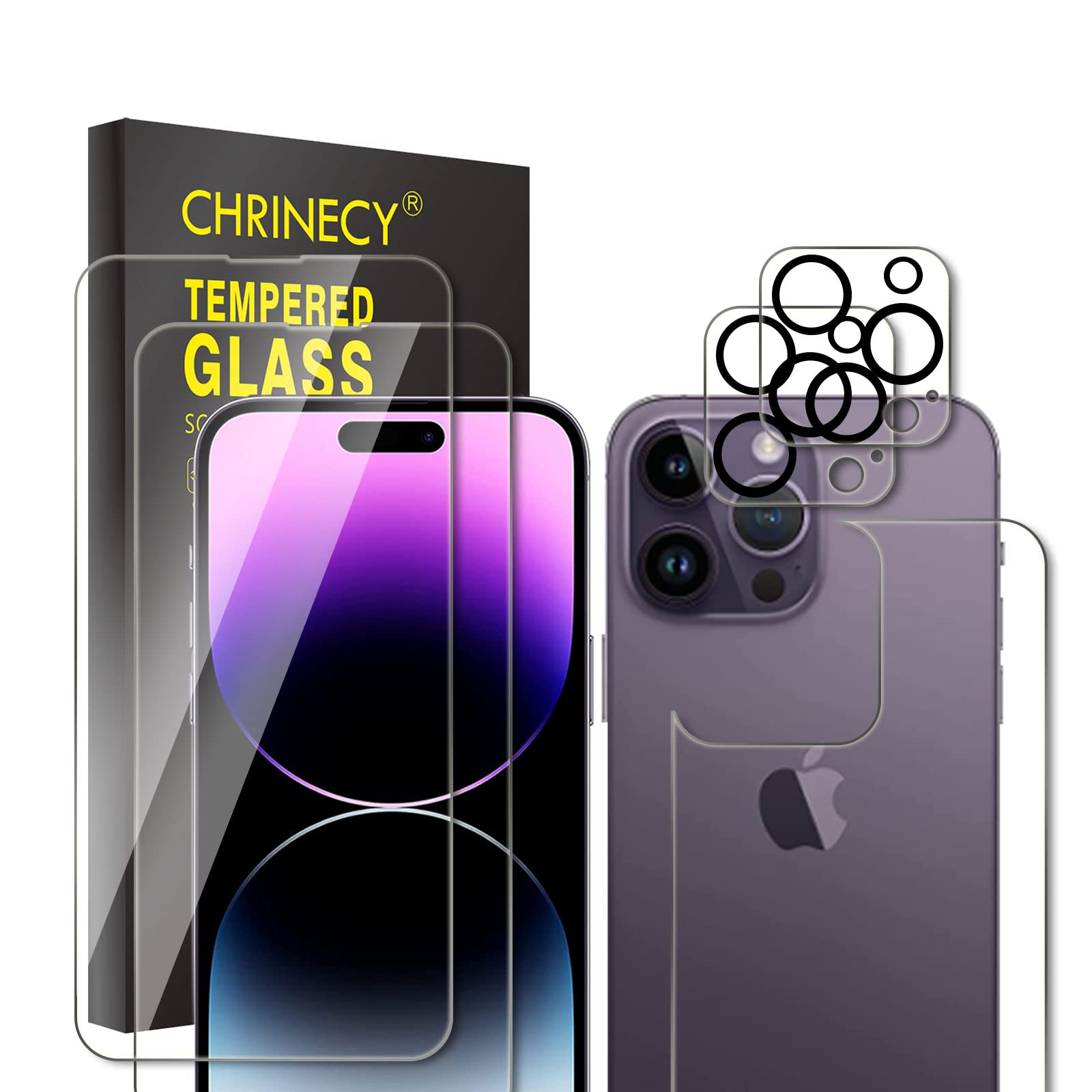 CHRINECY Tempered Glass Screen Protector for iPhone 14 Pro MAX (2 Pack) + Back Screen Protector + Camera Lens Protector (2 Pack), 9H Hardness, Anti-Scratch — image 1