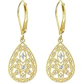 925 Sterling Silver Teardrop Earrings for Women, Cubic Zirconia Leverback Dangle Earrings, Hypoallergenic Filigree Drop Earrings, Elegant Jewelry for Women Gifts