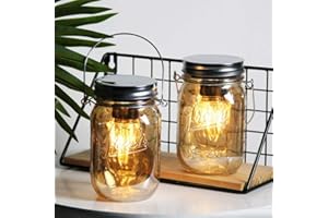 MJ PREMIER Outdoor Mason Jar Lights Hanging, 2-Pack LED Decorative Garden Lanterns with Timer, Battery Operated Vintage Glass Light for Patio Camping Courtyard Backyard Tree Hallway Stairs Farmhouse (2*Amber)
