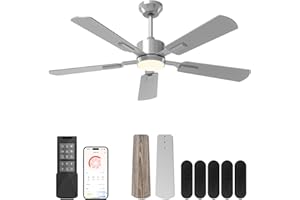 CubiCubi Ceiling Fans with Lights, 52 inch Gray Ceiling Fan with Light and Remote/APP, Dimmable, Super Quiet, Modern Ceiling Fan for Indoor Bedroom, Living Room, Kitchen