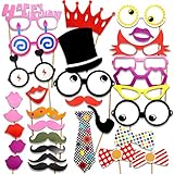 PartyWoo Photo Booth Props Diy Kit For Birthday Party,Pack Of 31:Various Colors Of Mustache,Glasses Frames,Ties,Lips,Crown,Pipe,Eyes,Hat and Happy Birthday Sign