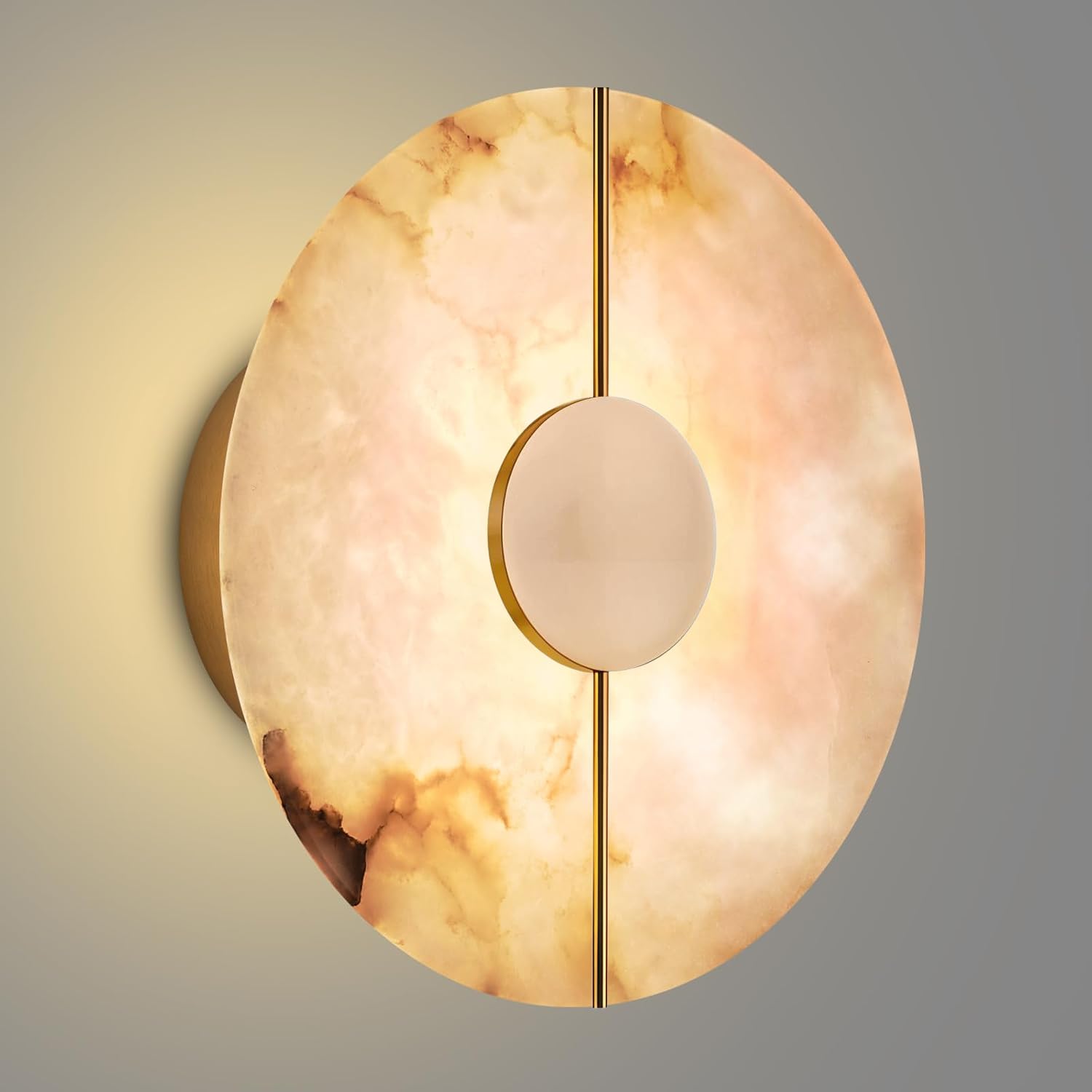 Photo 1 of BRRSKBK White Alabaster Wall Sconce Brass Natural Marble Wall Sconce Vintage Gold Round Store Modern LED Wall Light Fixture Mid Century Wall Mounted Lamp for Bedroom Hallway Living Room Bathroom