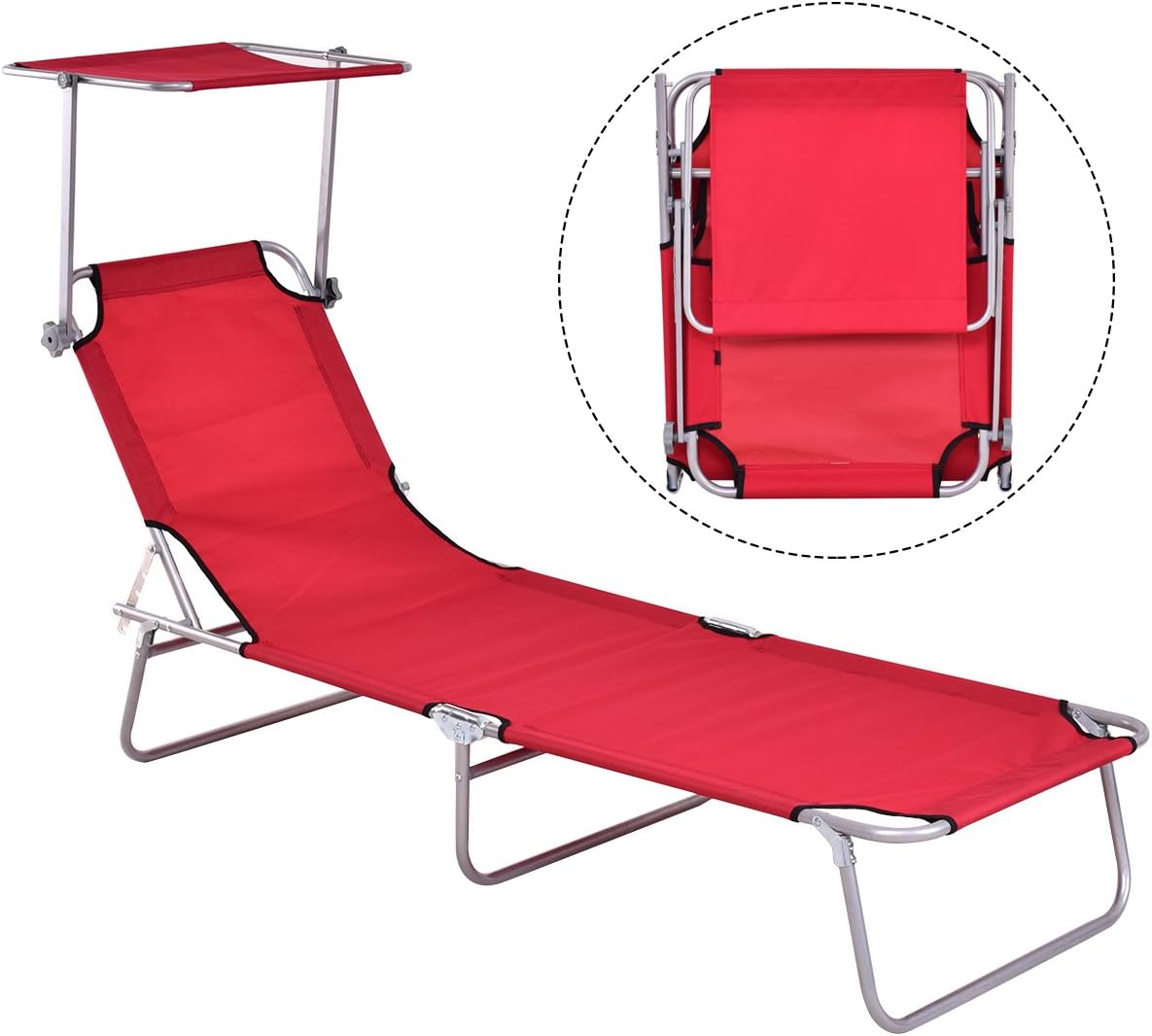 Happygrill Chaise Lounge Chair, Foldable Adjustable 5 Positions Relaxing Chair Recliner with Sun Shade for Garden Beach Patio Pool