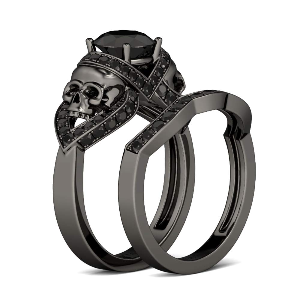 Carat Black Tone Skull Rings for Women Men Sterling Silver Round  Cut Engagement Rings Bridal Sets Wedding Rings Cubic Zirconia Promise