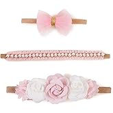 cherrboll Baby Girl Nylon Headbands, 3Pcs Handmade Floral Hair Bows, Stretchy Flower Hairbands for Newborns Infants Toddlers