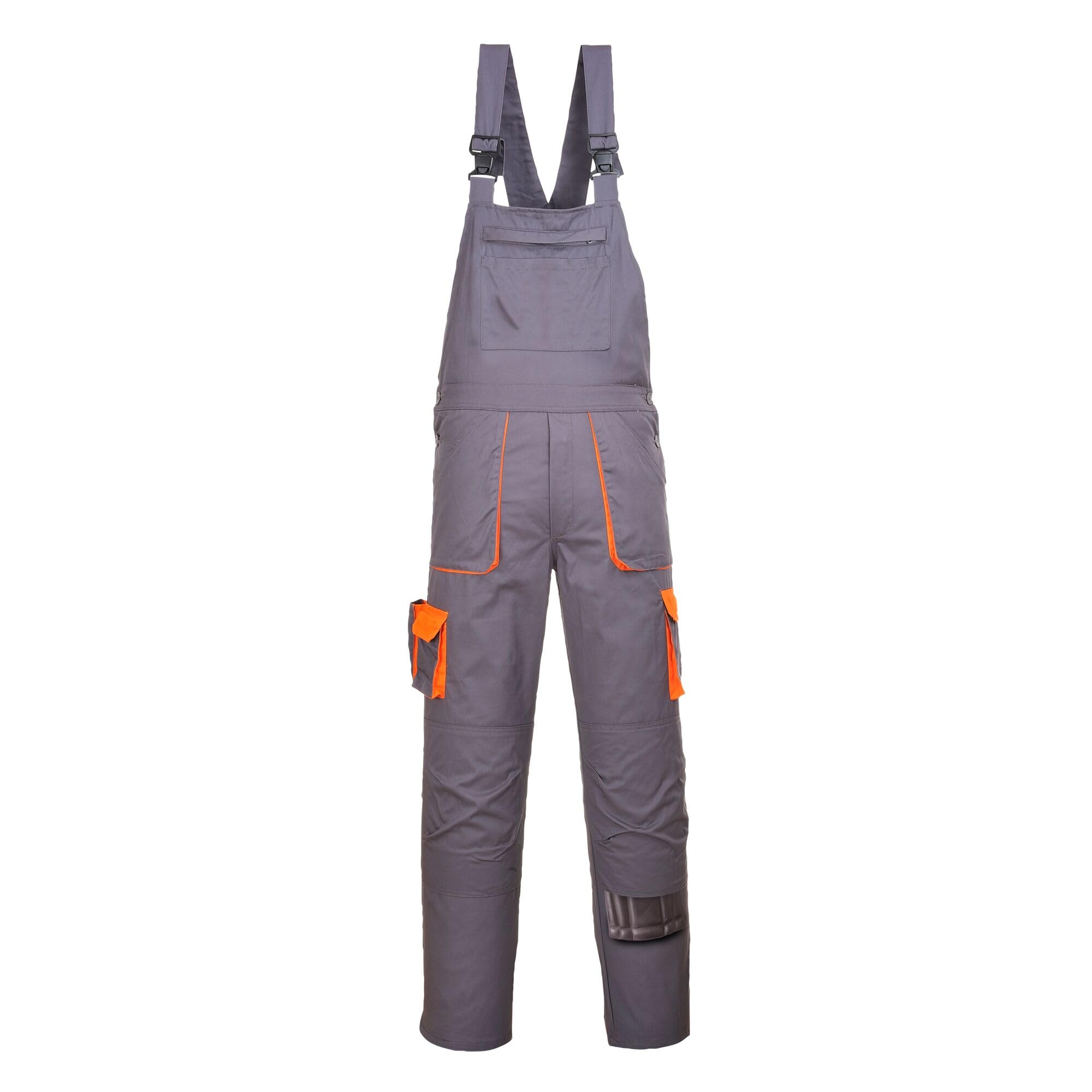 Portwest TX12 Men's Texo Contrast Bib and Brace Work Overalls Workwear Dungarees with Storage Knee Pad Pockets Adjustable Fit Elasticated Back, Grey, L