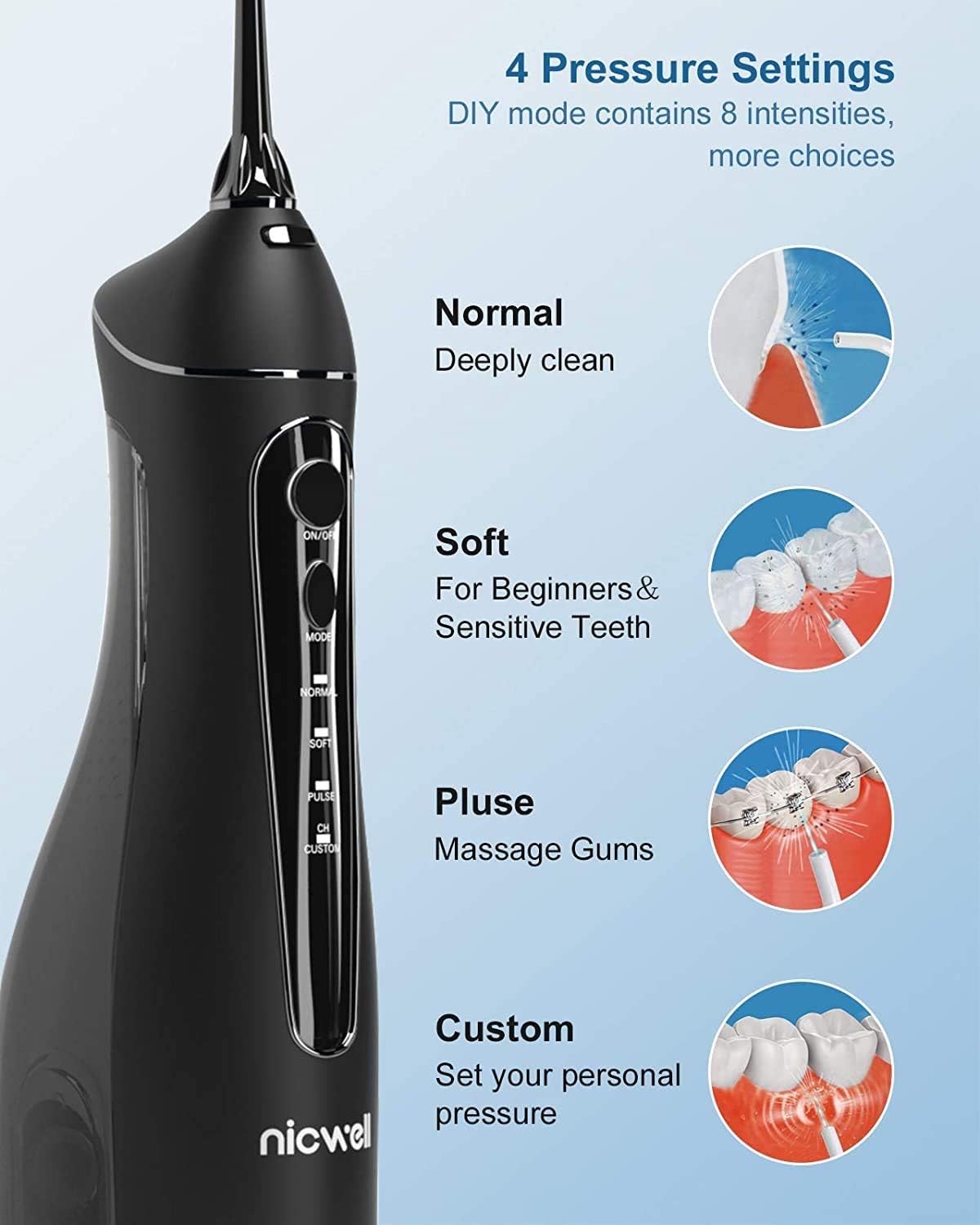 Water Flosser Cordless for Teeth - Nicwell 4 Modes Dental Oral Irrigator, Portable and Rechargeable IPX7 Waterproof Powerful Battery Life Water Pick Teeth Cleaner for Home Travel: Health & Personal Care