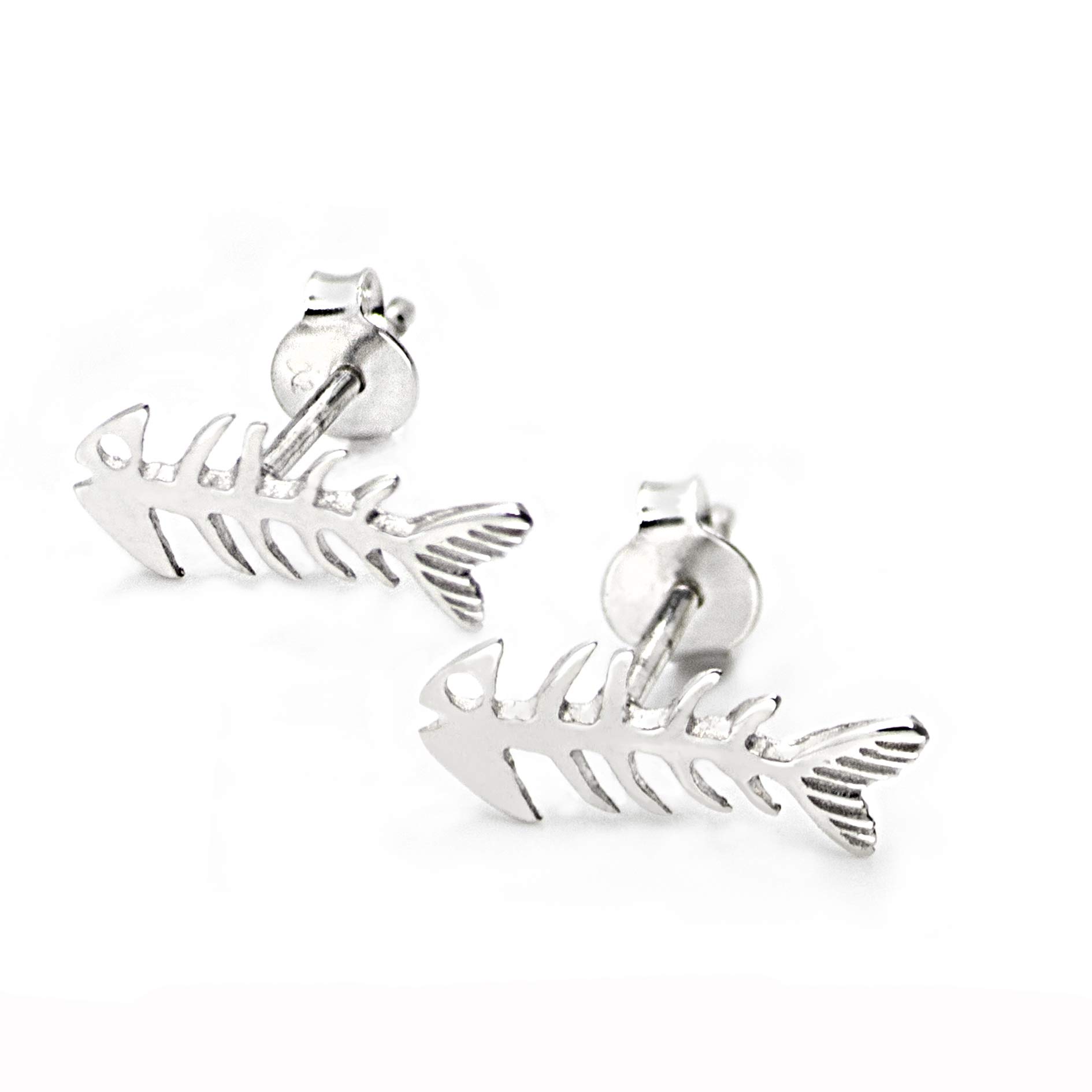 Fishbone Stud Earrings in Nickel-Free 925 Sterling Silver and Butterfly Fastening